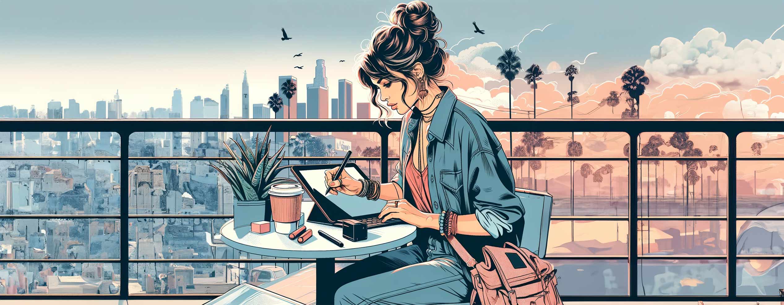 freelance graphic designer in Los Angeles cafe - illustration